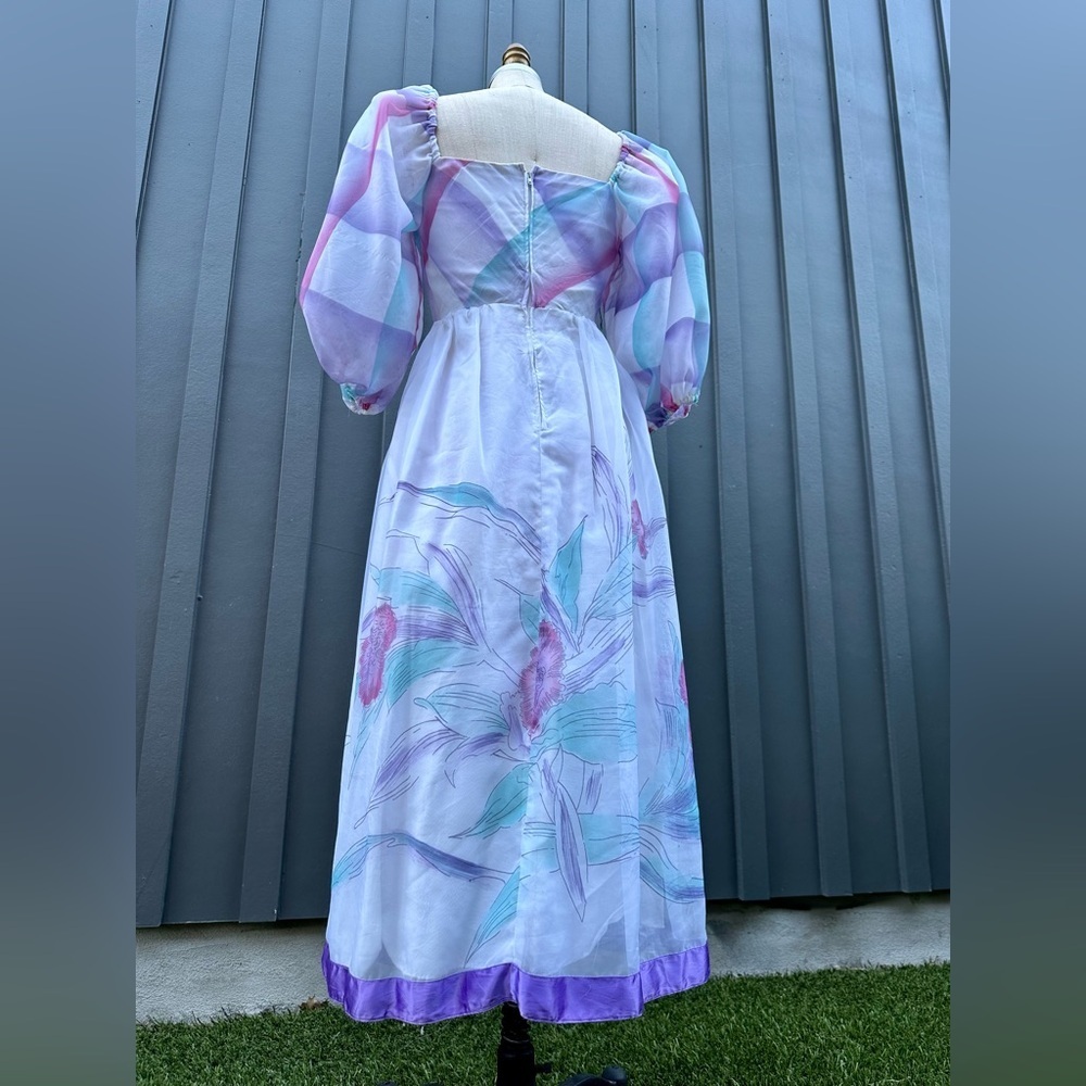 Vintage 1970s 1980s Watercolor Puff Sleeve Dress- size S - Picture 7 of 8